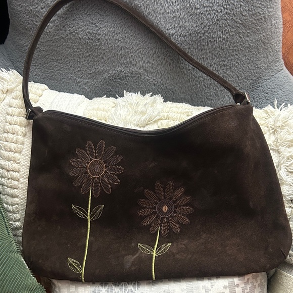 Handbags - Floral Embroidered Brown Suede Shoulder Bag